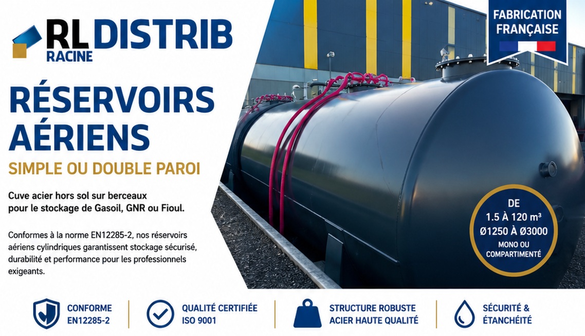 Cuve acier double paroi 25000 L a&eacute;rienne sur berceaux conforme EN12285-2 pour Gasoil, GNR et Fioul. Fabrication fran&ccedil;aise, livraison France.